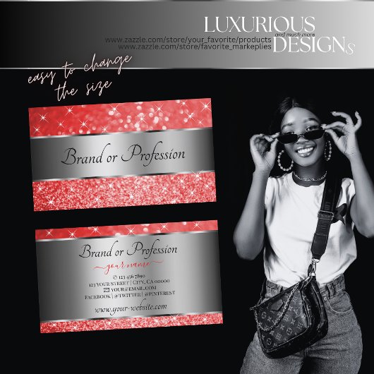 Eleganter Ruby Red Glitzer Silver Luminous Stars Visitenkarte