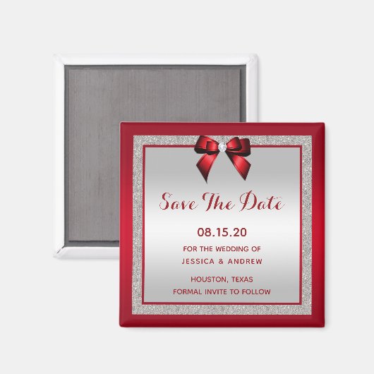 Eleganter Ruby Red & Silver Glitzer Save the Date Magnet (Vorderseite/Rückseite)