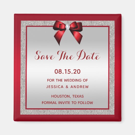 Eleganter Ruby Red & Silver Glitzer Save the Date Magnet (Vorne)