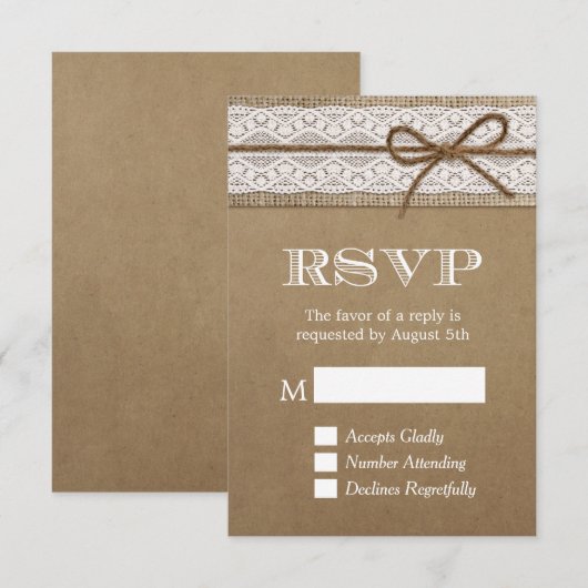 Eleganter Rustic Burlap String Bow Wedding RSVP Karte (Vorne/Hinten)
