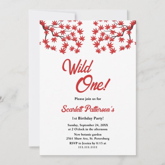 Eleganter Rustic Fall Red Blätter Boho 1. Geburtst Einladung (Vorderseite)