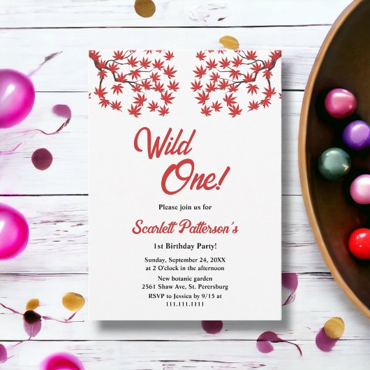 Eleganter Rustic Fall Red Blätter Boho 1. Geburtst Einladung