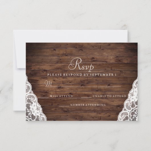 Eleganter Rustic Wood White Lace Wedding RSVP Karte (Vorderseite)