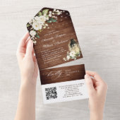 Eleganter Rustic Wood White Roses Wedding QR Code All In One Einladung (Abreißen)