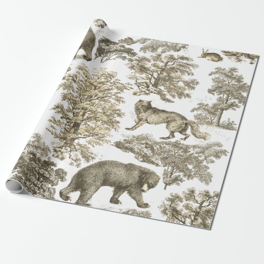 Eleganter, rustikaler Beige-Wald-Tiere Toile Geschenkpapier (Ungerollt)