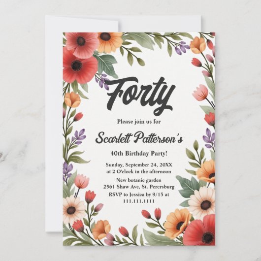 Eleganter Rustikaler Blumengarten Sommer 40. Gebur Einladung (Vorderseite)