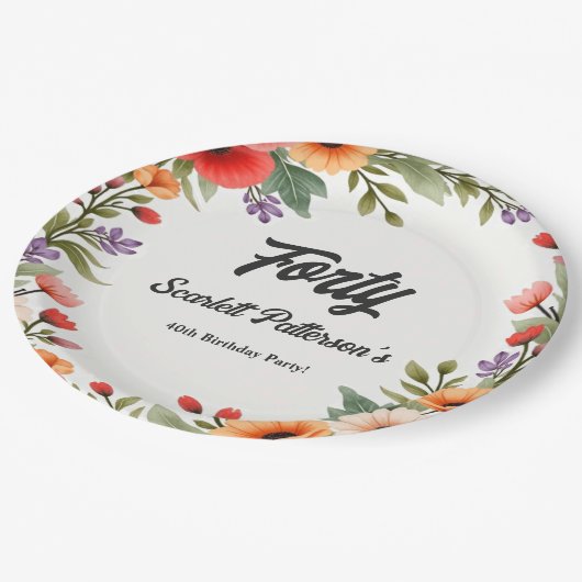 Eleganter Rustikaler Blumengarten Sommer 40. Gebur Pappteller (Schrägansicht)