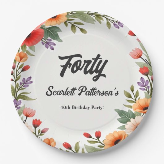 Eleganter Rustikaler Blumengarten Sommer 40. Gebur Pappteller (Vorderseite)