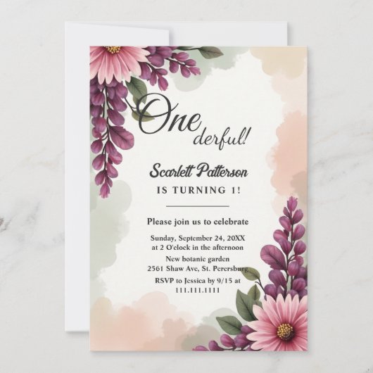 Eleganter Rustikaler Boho Wasserfarbenflora 1. Geb Einladung (Vorderseite)