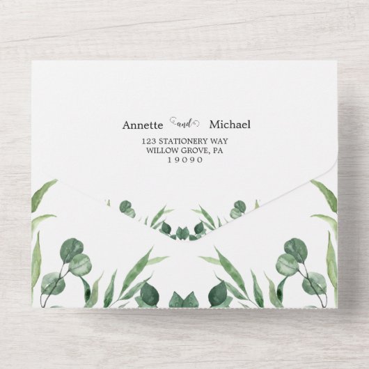 Eleganter rustikaler Eukalyptus Verlasse Grüne Hoc All In One Einladung (Rückseite)