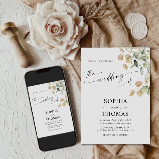 Eleganter rustikaler Eukalyptus Verlasse Grüne Hoc Einladung