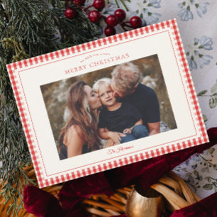 Eleganter Rustikaler Gingham-Weihnachtsfoto-Gruß Karte