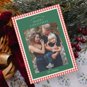 Eleganter Rustikaler Gingham-Weihnachtsfoto Karte