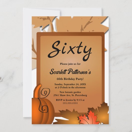 Eleganter rustikaler Herbstlaub Pumpkin 60. Geburt Einladung (Vorderseite)