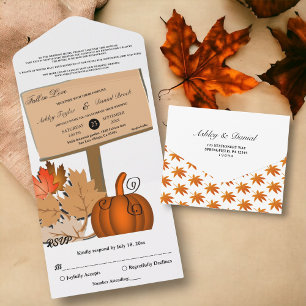 Eleganter rustikaler Kürbis Herbstlaub Hochzeit All In One Einladung