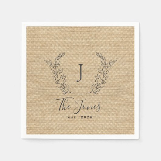 Eleganter rustikaler mit Monogramm Familienname Serviette (Vorderseite)