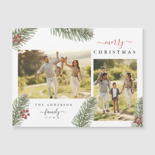 Eleganter Rustikaler Pine Christmas 2 Custom Foto Magnetkarte (Vorderseite)