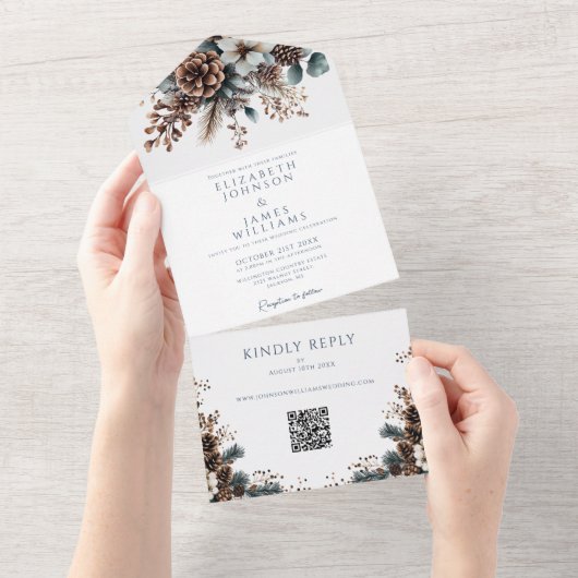 Eleganter Rustikaler Pinecone QR Code Hochzeit All In One Einladung (Abreißen)