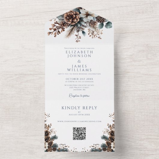 Eleganter Rustikaler Pinecone QR Code Hochzeit All In One Einladung (Innen Boden)