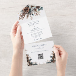 Eleganter Rustikaler Pinecone QR Code Hochzeit All In One Einladung