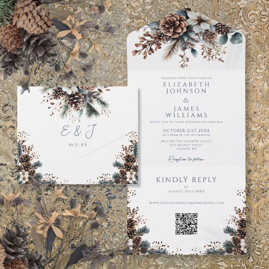 Eleganter Rustikaler Pinecone QR Code Hochzeit All In One Einladung
