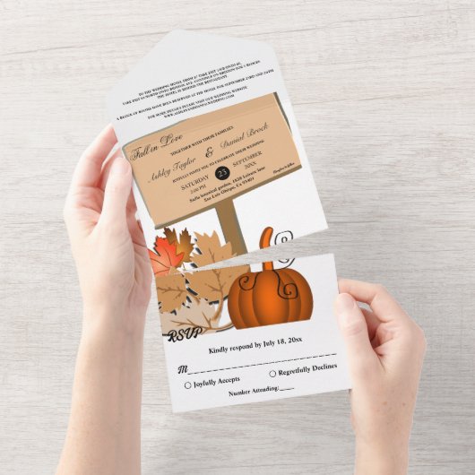 Eleganter rustikaler Pumpkin Herbst verlässt Hochz All In One Einladung (Abreißen)
