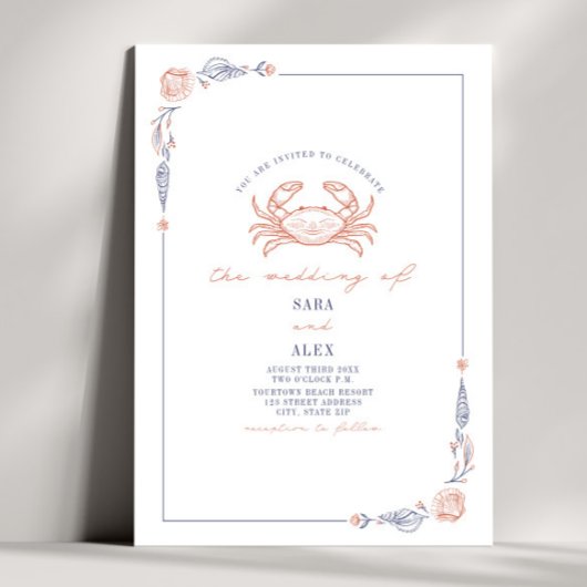 Eleganter Rustikaler Red & Blue Beach Wedding Crab Einladung