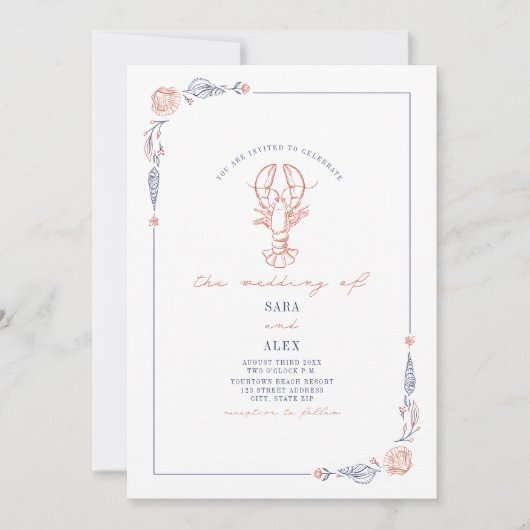 Eleganter rustikaler Red & Blue Beach Wedding Lobs Einladung (Vorderseite)