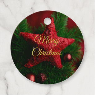 Eleganter rustikaler Roter Stern auf Kiefernfächer Geschenkanhänger