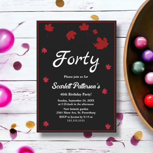 Eleganter rustikaler Schwarz-Weiß Herbst 40. Gebur Einladung