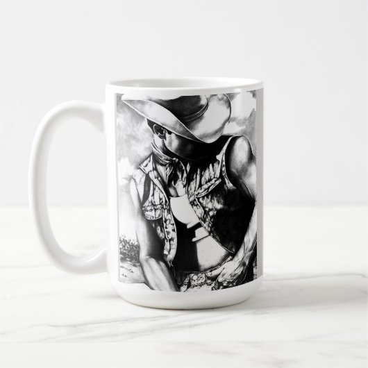 Eleganter, rustikaler Schwarz & Weiß Sketch Cowboy Kaffeetasse (Links)