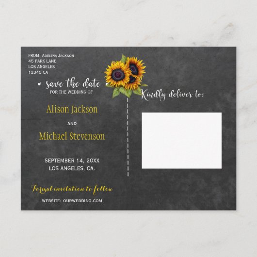 Eleganter rustikaler Sonnenblumenfall rette Hochze Ankündigungspostkarte (Rückseite)