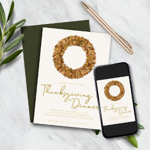Eleganter rustikaler Thanksgiving-Herbstkranz Gold Einladung