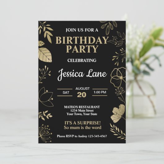 Eleganter Rustikaler Überraschung Geburtstag Einladung (Stehend Vorderseite)