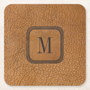 Eleganter rustikaler Vintage-Leder-Monogramm-Landh Rechteckiger Pappuntersetzer
