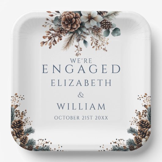 Eleganter Rustikaler Wald Pinecones Engagement Par Pappteller (Vorderseite)