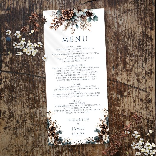 Eleganter Rustikaler Wald Pinecones Hochzeit Menükarte