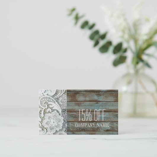 eleganter rustikaler Weißspitzenblau Holzrabatt Rabattkarte (Stehend Vorderseite)