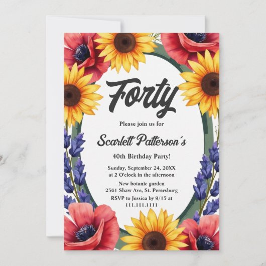 Eleganter Rustikaler Wiese Sommer Blüte 40. Geburt Einladung (Vorderseite)