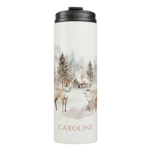 Eleganter rustikaler Winterwaldhirsch Thermosbecher (Vorderseite)