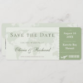 Eleganter Sage Green Boarding Pass Save the Date Einladung (Vorne/Hinten)