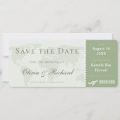 Eleganter Sage Green Boarding Pass Save the Date Einladung (Vorderseite)