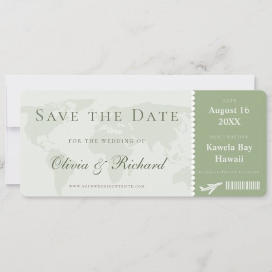Eleganter Sage Green Boarding Pass Save the Date Einladung (Vorderseite)