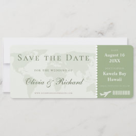 Eleganter Sage Green Boarding Pass Save the Date Einladung