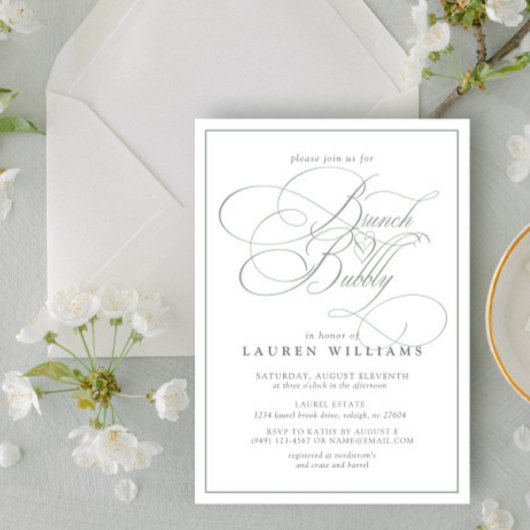 Eleganter Sage Green Calligraphy Brunch & Bubbly Einladung