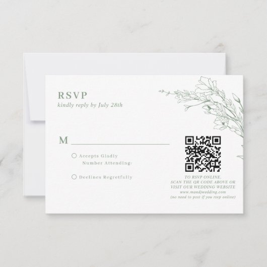 Eleganter Sage Green Floral Wreath QR Code Hochzei RSVP Karte (Vorderseite)
