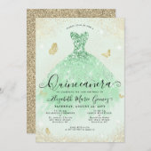 Eleganter Sage Green Gold Glitzer Gown Quinceanera Einladung (Vorne/Hinten)