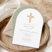 Eleganter Sage Green Religious Cross Baptism Arch Einladung