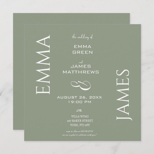 Eleganter Sage Green & White Script Wedding Square Einladung (Vorne/Hinten)