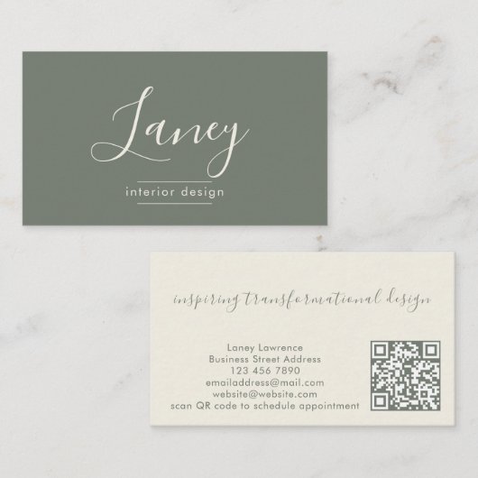 Eleganter Sage QR-Code Innenarchitektur-Profi Visitenkarte (Vorne/Hinten)